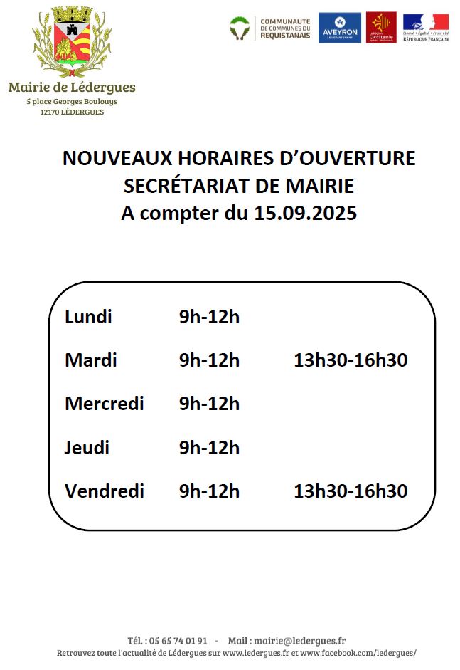Lire la suite à propos de l’article Nouveaux horaires secrétariat de mairie